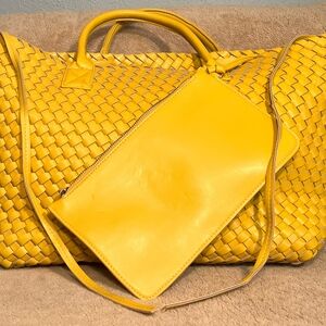 Yellow Woven Leather Tote Bag with Pouch